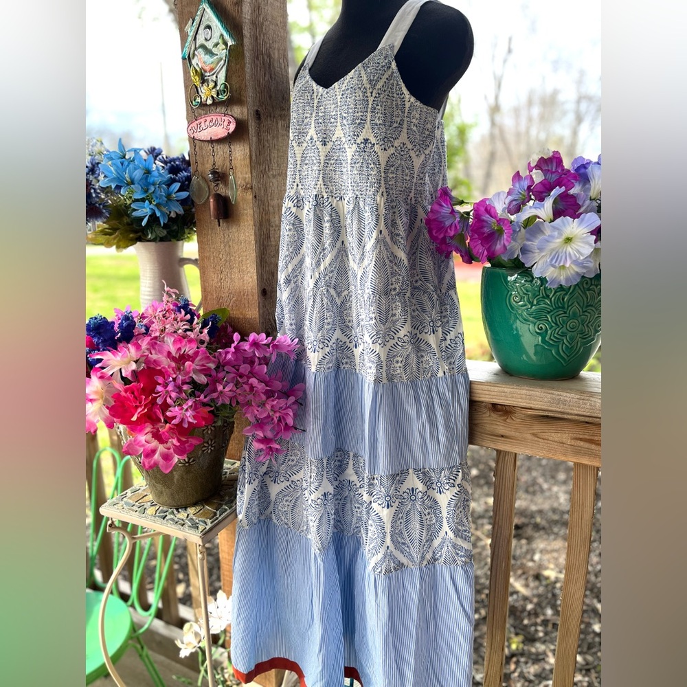 THML Prairie Sleeveless Blue Print Gathered Elastic Top Tiered Skirt Maxi Dress - Picture 3 of 9